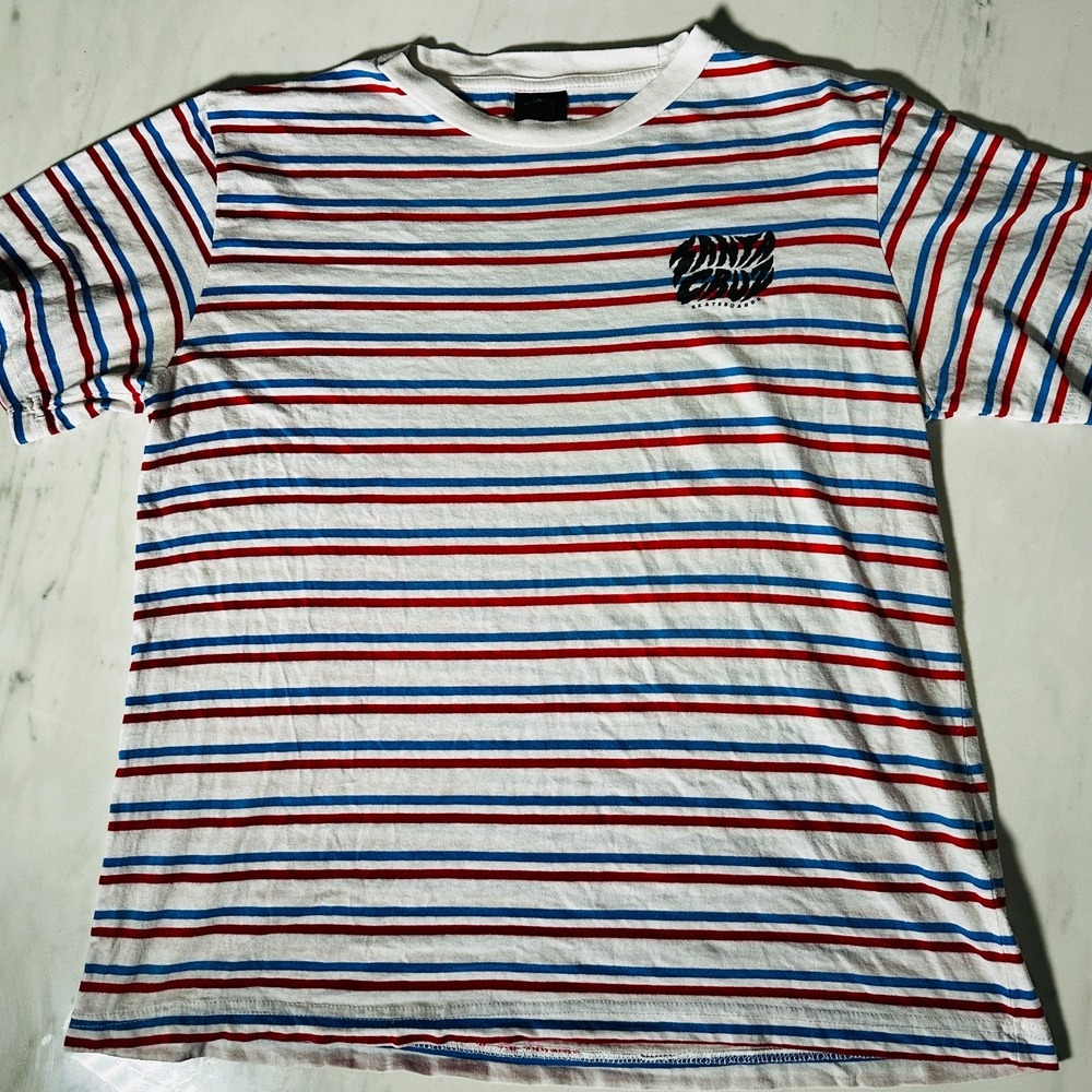 Santa Cruz Skateboards Shirt Men Medium White Spell Out Graphic Striped Pullover
